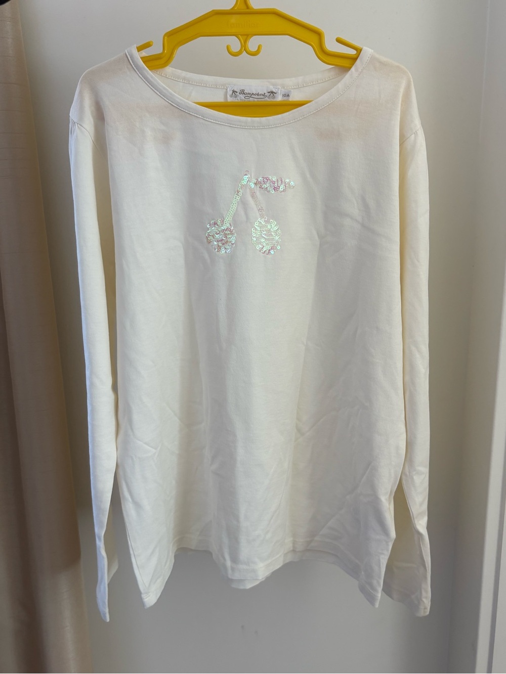 Bonpoint Cream Tee with Iridescent Sequin Cherry Motif girls 10A